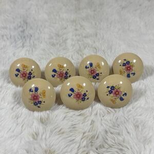 Vintage Floral Ceramic Drawer Knobs Set of 7 Beige Painted Cabinet Pulls
